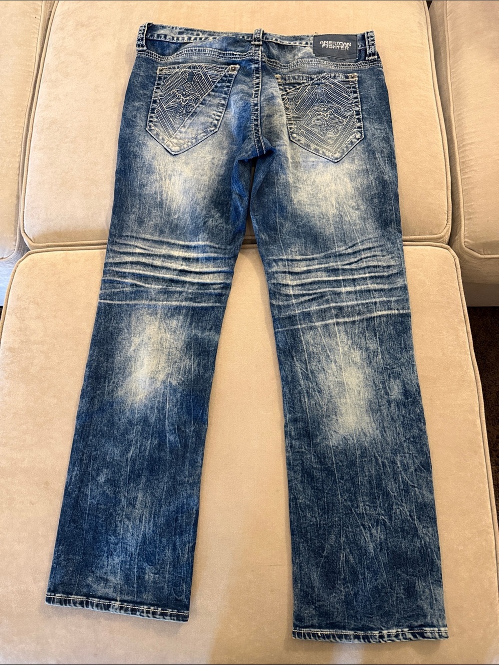 American Fighter Men's Faded Blue Straight Jeans with Embroidered Back Pockets